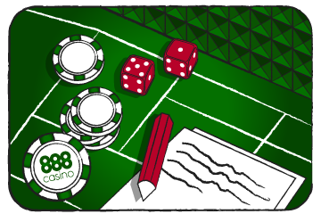 Craps table, casino chips and dice